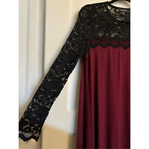 Karen Kane Women’s Large Lace Sleeve Trapeze Swing Dress • High Lo Hem Boat Neck - Picture 6 of 16